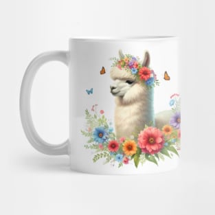 An alpaca decorated with beautiful colorful flowers. Mug